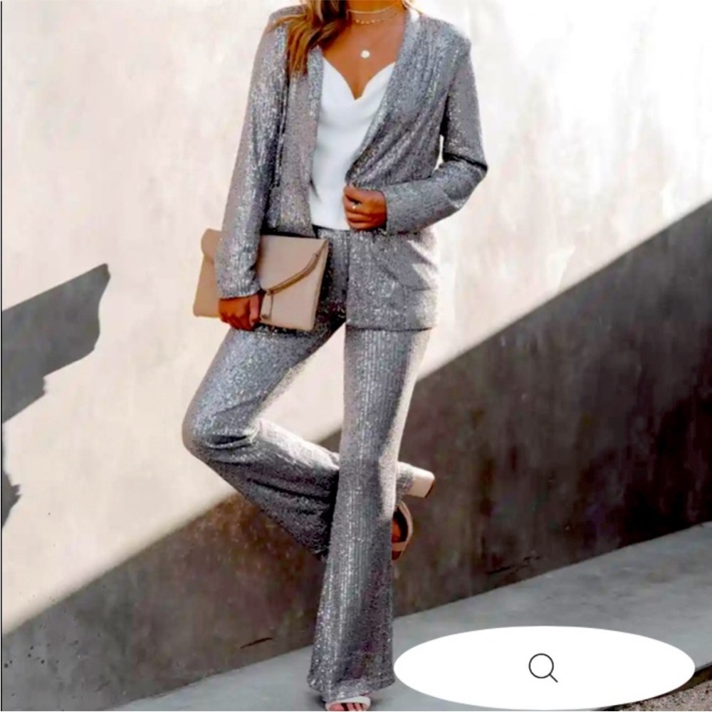 Silver Glitter Lurex Women's Blazer Pantsuit